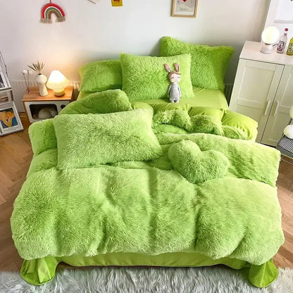 Mint green fluffy faux fur bedding set with lush lime green textured fabric and matching heart-shaped pillow decorbites fluffy faux