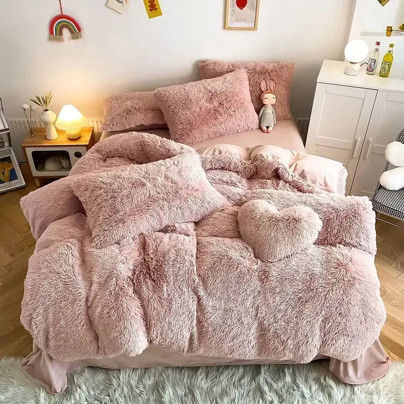 Mint green fluffy faux fur bedding set featuring a pink fluffy bedding set with a heart-shaped pillow decorbites fluffy faux