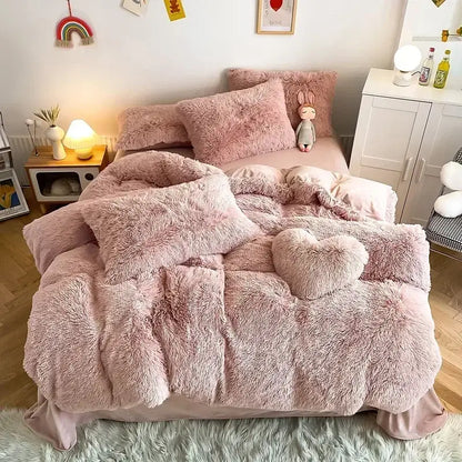 Mint green fluffy faux fur bedding set featuring a pink fluffy bedding set with a heart-shaped pillow decorbites fluffy faux