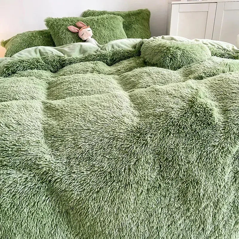 Soft moss-green fluffy faux fur bedding set with plush textured fabric and matching heart pillow for cozy decorbites fluffy faux comfort