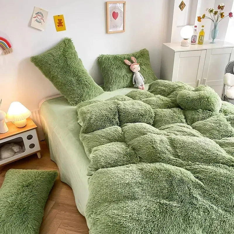 Mint green fluffy faux fur bedding set with soft moss-green plush texture and matching heart pillow by decorbites fluffy faux