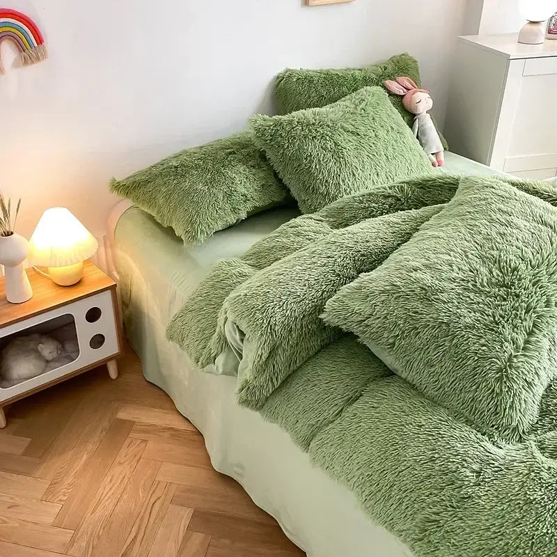 Soft mint green fluffy faux fur bedding set with plush texture and cozy oversized design featuring heart pillow decorbites fluffy faux