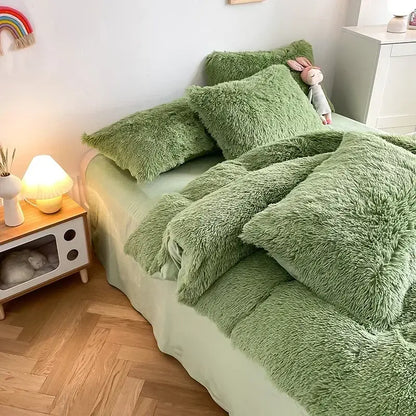 Soft mint green fluffy faux fur bedding set with plush texture and cozy oversized design featuring heart pillow decorbites fluffy faux