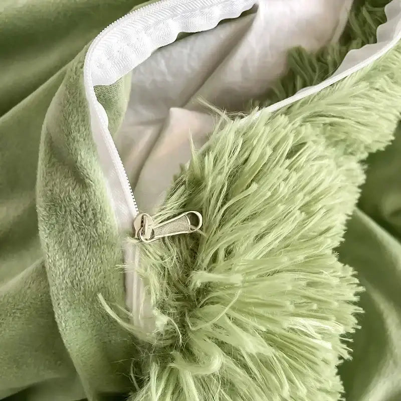 Mint green fluffy faux fur bedding set with plush texture and white zipper trim by decorbites fluffy faux fur