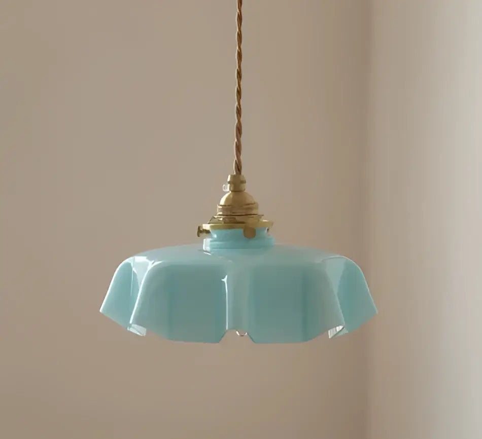 Delicate light blue glass led wall lamp sconce with brass fixture and twisted cord for bedroom lighting
