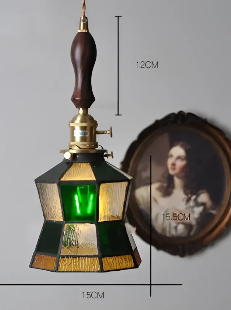Mint green fluted glass led wall lamp sconce with green and gold stained glass and dark wood handle for bedroom use