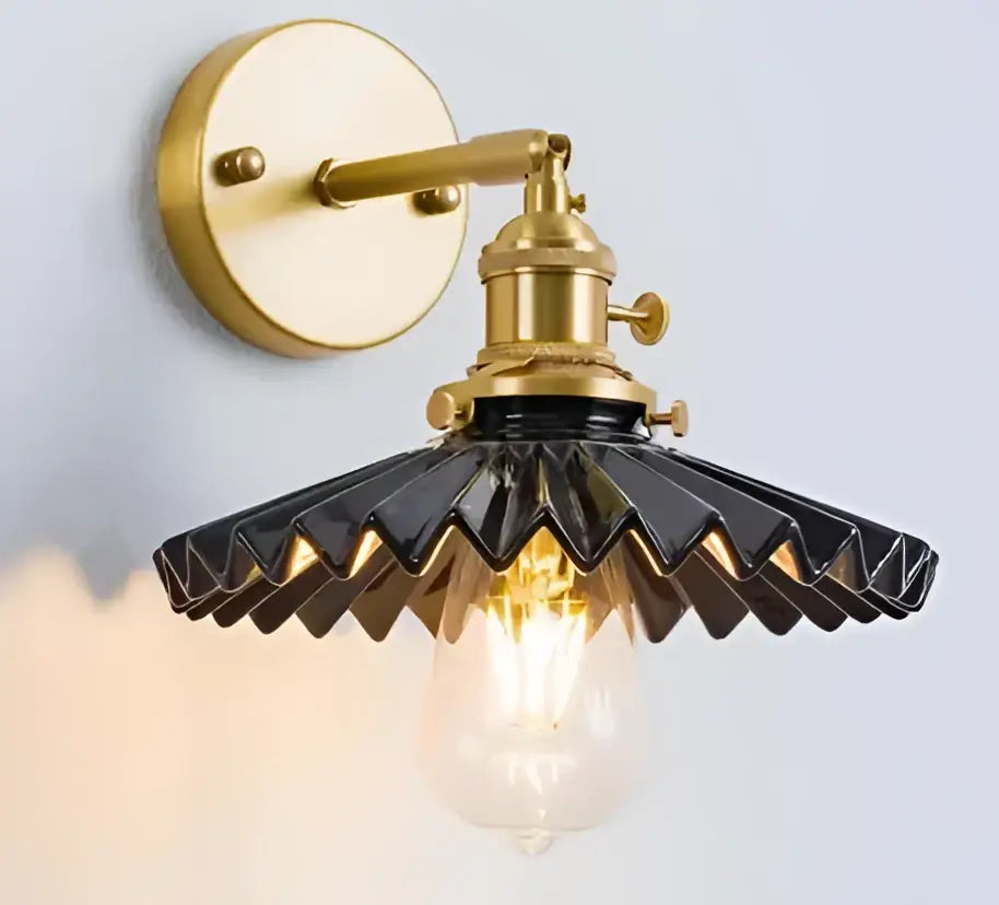 Vintage-style wall lamp sconce with brass metal frame and black scalloped glass shade for bedroom led lighting