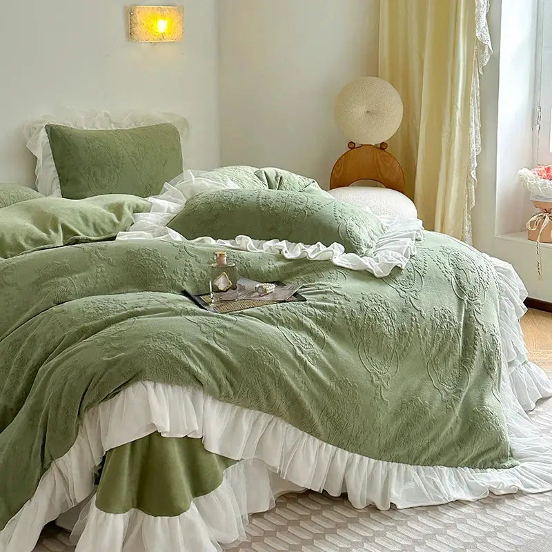 Soft sage green velvet bedding set with delicate white ruffled trim and subtle embroidery decorbites french carved velvet