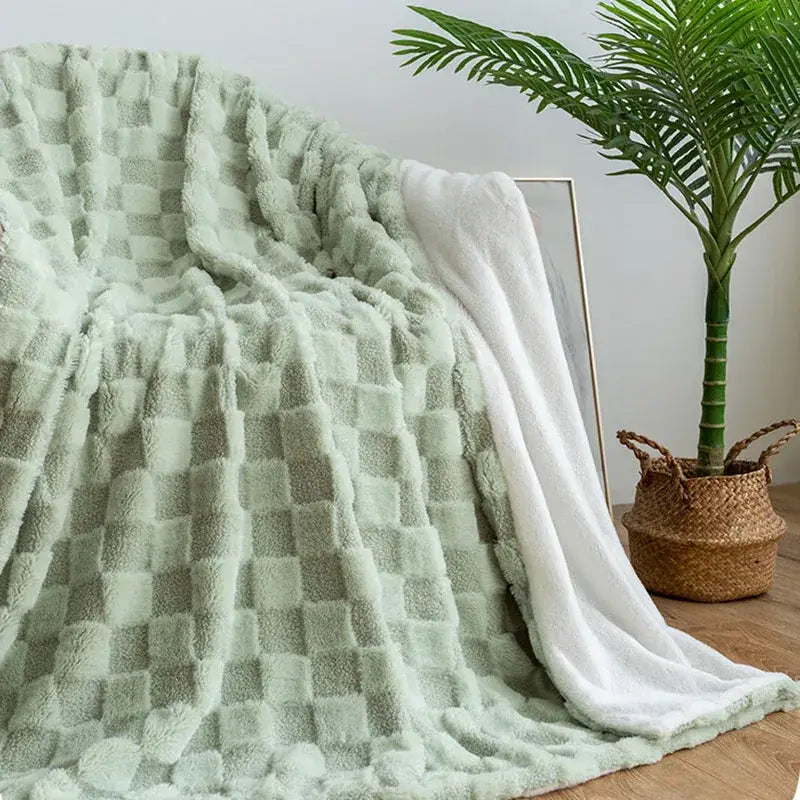 Mint green geometric jacquard flannel sofa cover with textured checkered pattern for living room decorbites blanket