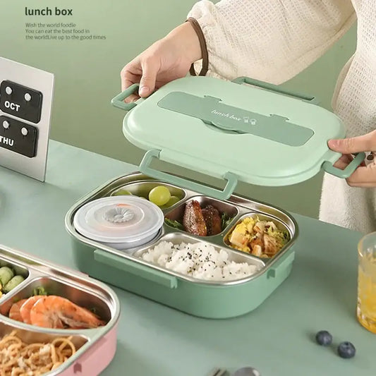 Mint green decorbites insulated bento lunch box with stainless steel compartments and matching lid for meal storage