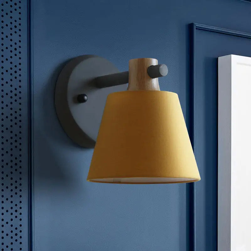 Mint green nordic bucket wall lamp with matte gray metal base wood accent and mustard-yellow fabric shade for bedroom