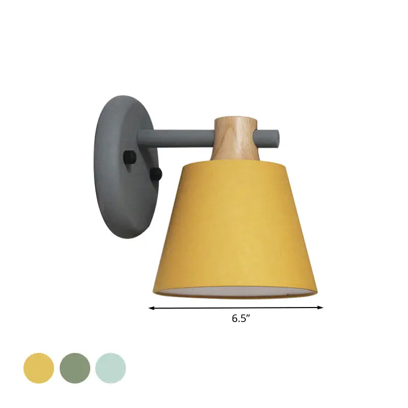Yellow conical bucket wall lamp with gray metal mount and wooden accent for nordic bedroom decor