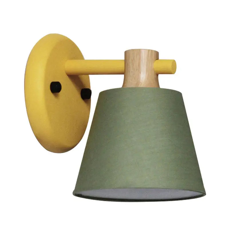 Mint green nordic bucket wall lamp with yellow wood accent and sage green fabric shade for bedroom wall lamp