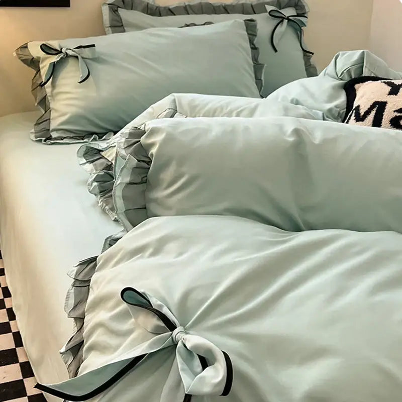 Mint green ruffled cotton embroidery bedding set with black ribbon ties for bedroom decorbites cotton embroidery bedding