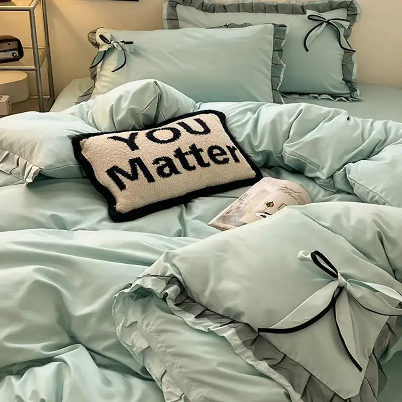 Mint green ruffled cotton embroidery bedding set with black ribbon ties and cream you matter throw pillow for bedroom decorbites cotton embroidery