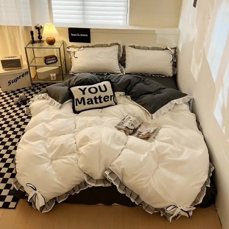 White and gray ruffled duvet set with you matter pillow in mint green decorbites cotton embroidery bedding set