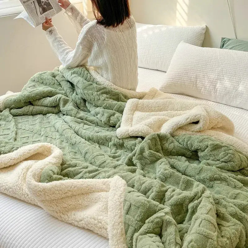 A cozy two-toned mint green and white decorbites coral fleece blanket with a textured knit pattern for warm bedroom decor