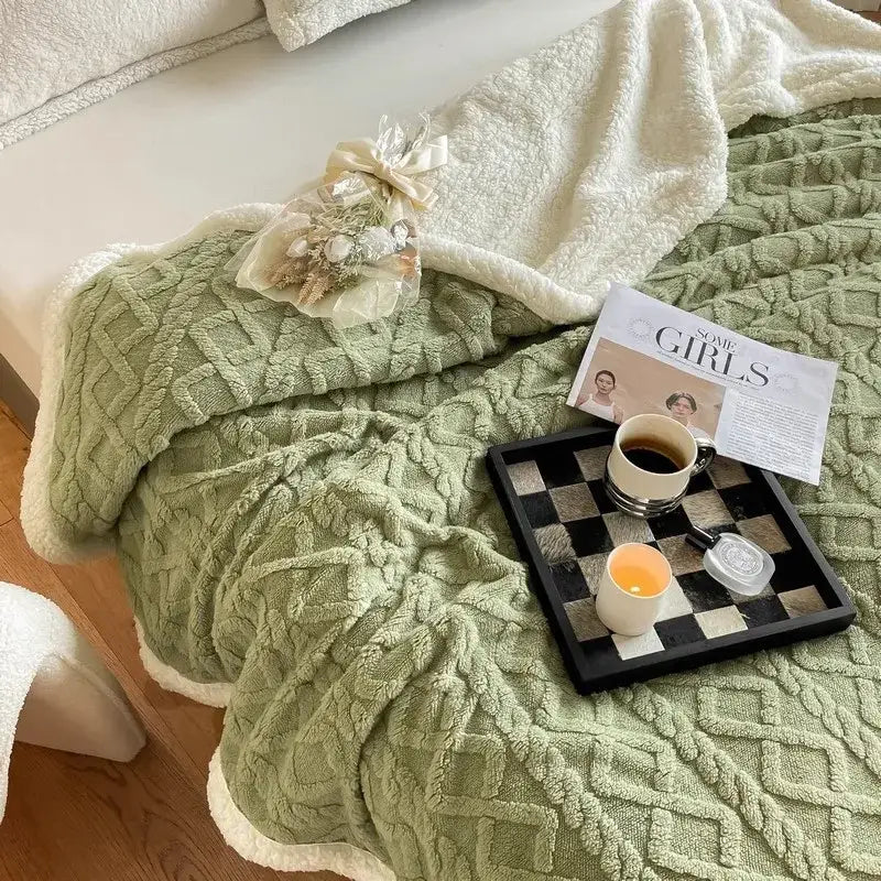 Soft mint green textured coral fleece blanket with plush white fleece border by decorbites coral fleece for warm decor