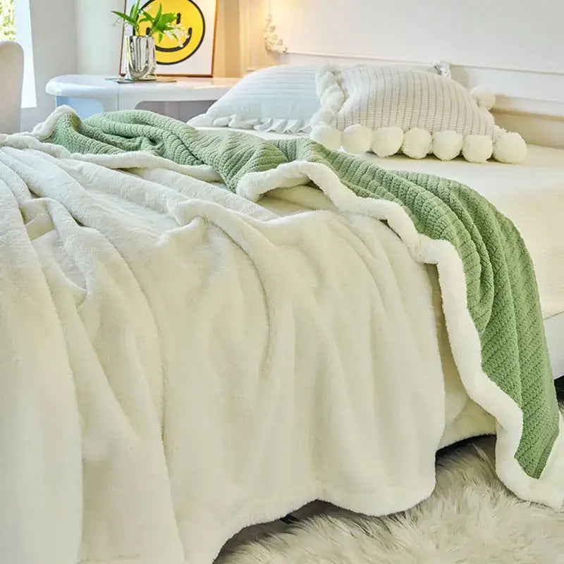 Mint and white cozy faux rabbit fur bedroom throw blanket with soft green cream fleece and pom-pom trim decorbites cozy faux