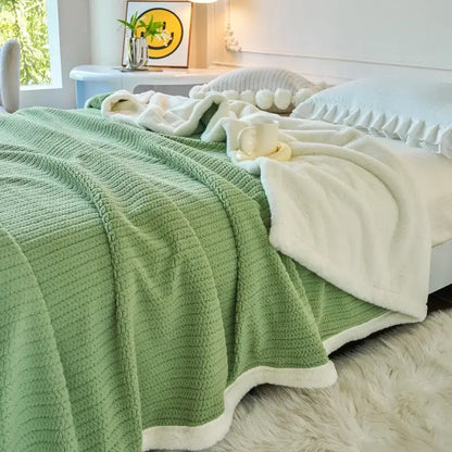 Mint and white cozy faux rabbit fur blanket with soft fleece and ribbed texture perfect for decorbites decorbites cozy faux