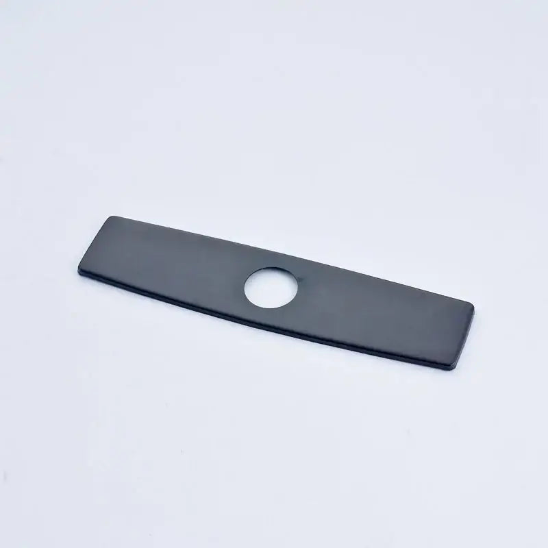 Black rectangular plastic deck plate escutcheon with a central circular hole for kitchen and bathroom sink cover