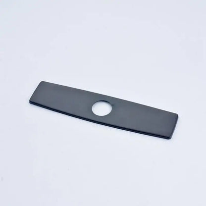 Black rectangular plastic deck plate escutcheon with a central circular hole for kitchen and bathroom sink cover