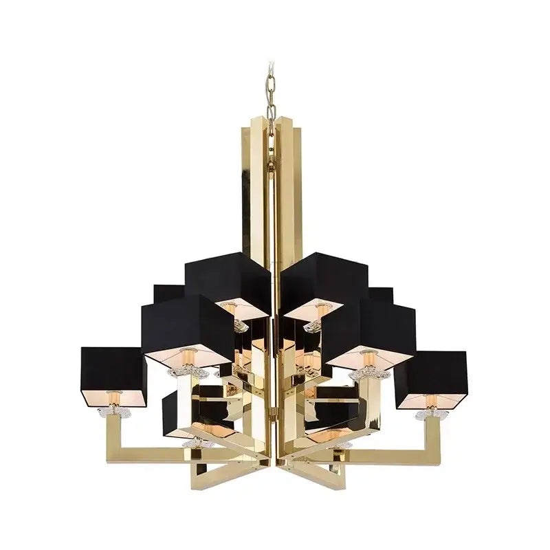 Modern 12-light chrome chandelier with gold-toned frame black fabric shades and crystal accents for dining room decor