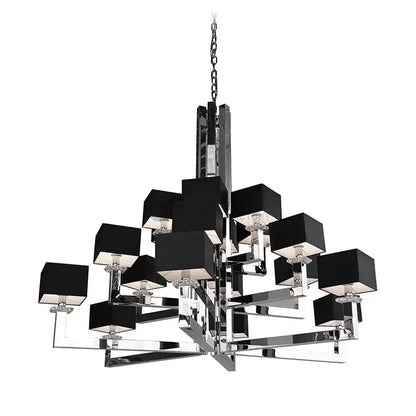 Modern 12-light chrome chandelier with black fabric shades and clear crystal accents for elegant dining room decor
