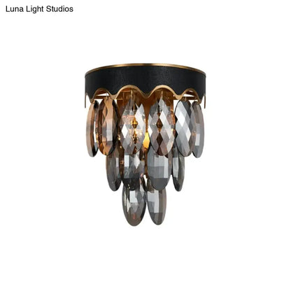 Modern 3-tier black and gold wall lamp with cascading faceted crystal droplets for elegant wall mount lighting
