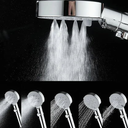 Modern 5-function shower head in white silver and black with chrome finish and multiple spray settings for bathroom use