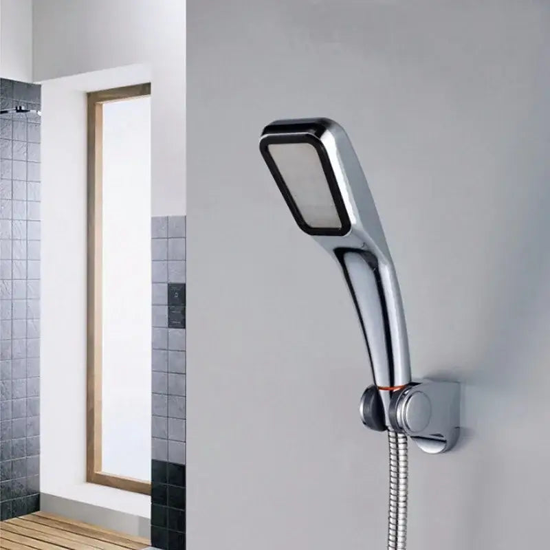 Modern abs chrome square handheld shower head with sleek rectangular spray face and flexible metal hose for bathroom use