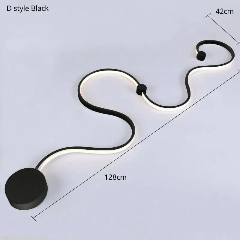 Modern abstract black iron body wall lamp with sleek curved design and illuminated white light strip for bedroom decorbites iron body