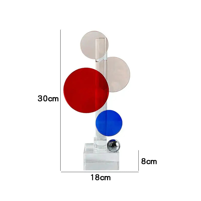 Modern abstract geometric crystal ornaments ring sculpture with stacked red blue translucent discs and silver sphere on acrylic base