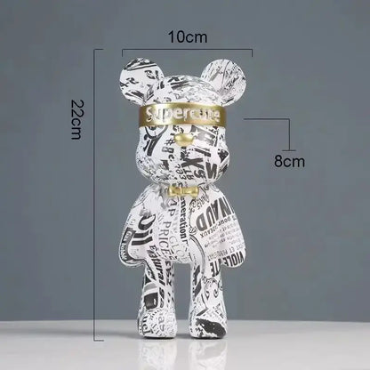 Modern abstract graffiti bear figurine in white and black with gold band and supercute lettering for home decor by decorbites