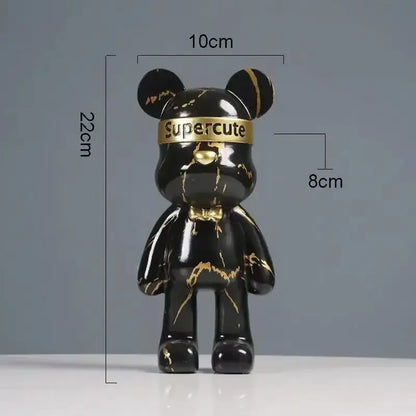 Black bear figurine with gold marble streaks and golden supercute band and bow tie for modern home decor by decorbites graffiti bear