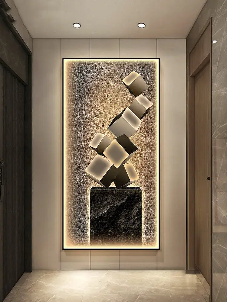 Modern abstract metallic led wall lamp with interlocking white and black cubes on dark marble base for living room decor