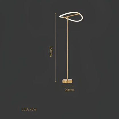 Gold-finished led floor lamp with sleek curved fixture and slender stem complements decorbites lines chandelier lighting