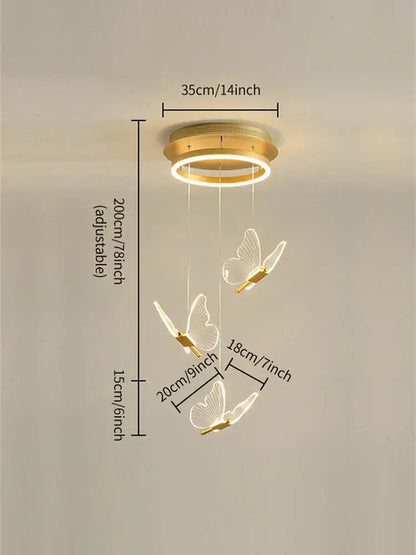 Gold-toned modern acrylic butterfly led chandelier with three translucent butterfly led pendants for bedroom decorbites butterfly led lighting