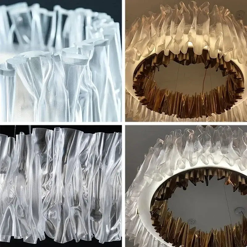 Modern acrylic ceiling chandelier with clear ruffled plastic and gold ring light for elegant dining room illumination