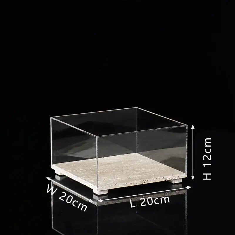Modern acrylic display case with clear square acrylic display and light beige travertine stone base for dining room