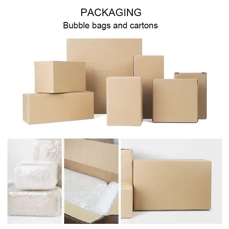 Brown cardboard boxes of various sizes wrapped in bubble wrap for modern acrylic display case with travertine base packaging