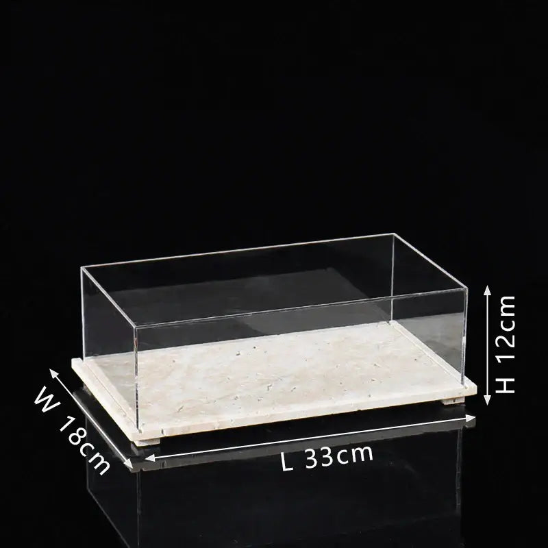 Modern acrylic display case with clear acrylic display box and beige travertine base for dining room use