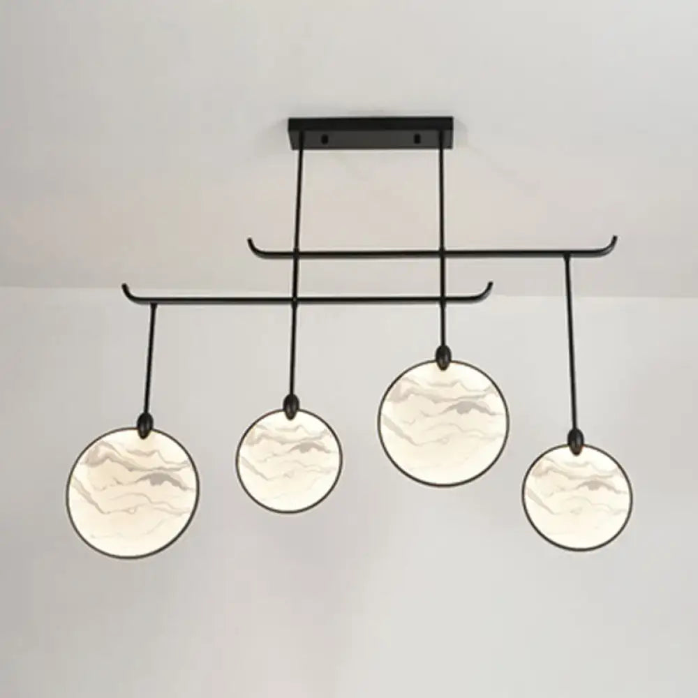 Modern acrylic led island lamp decorbites with black metal frame and four marble-patterned glass shades for tearooms