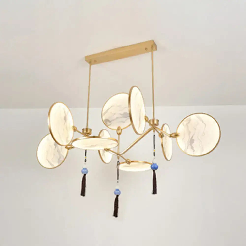 DecorBites™ circular fan island lamp with modern acrylic led, gold-toned frame, marble-effect shades, and blue tassels for tearooms