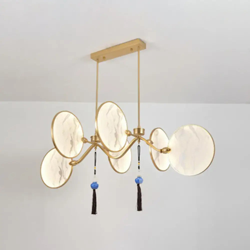 DecorBites™ modern acrylic led island lamp with gold tones six marble-effect shades and blue tassels for tearooms
