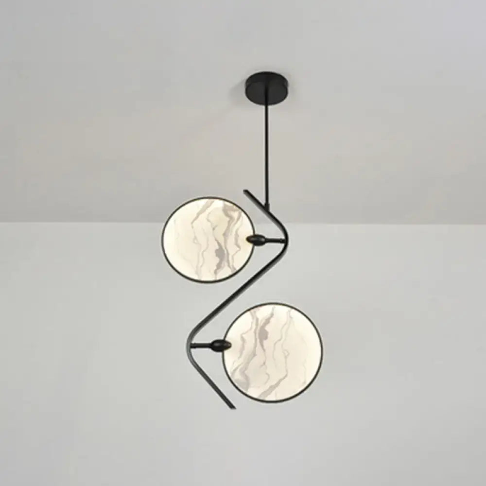 DecorBites™ modern acrylic led island lamp with black metal frame and circular marble-patterned glass shades for tearooms