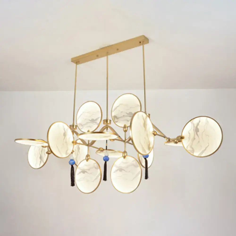 Gold-toned decorbites circular fan island lamp featuring modern acrylic led suspension light with marble-effect panels