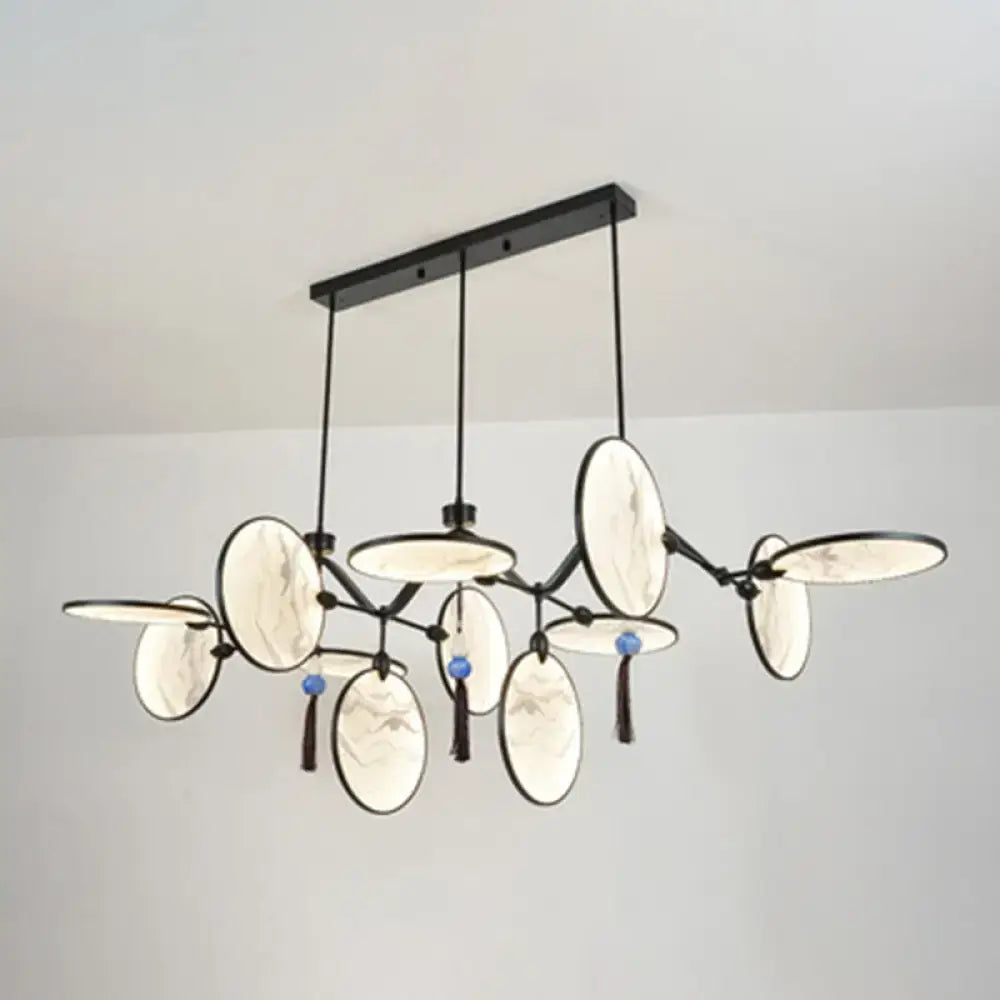Modern acrylic led circular fan island lamp with black metal frame marble-like shades and blue bead accents for tearooms