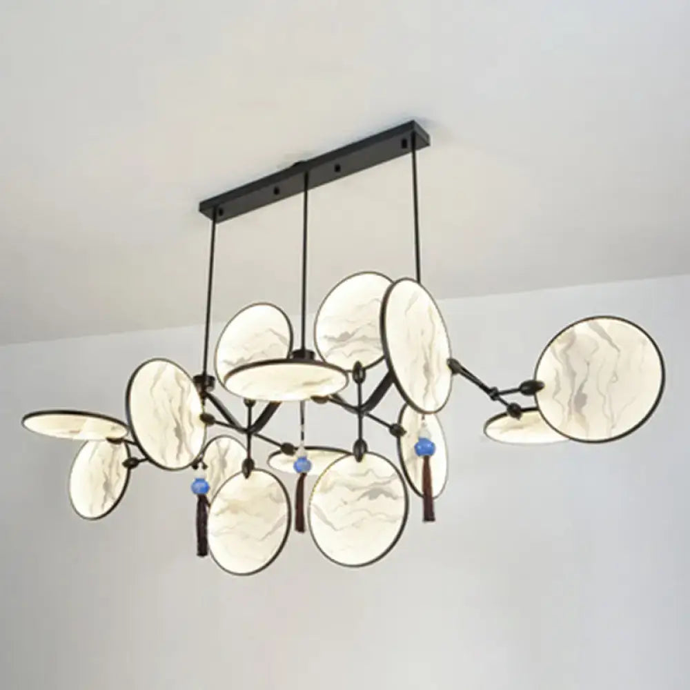 Modern acrylic led DecorBites circular fan island lamp with marble-patterned glass shades and black metal frame for tearooms
