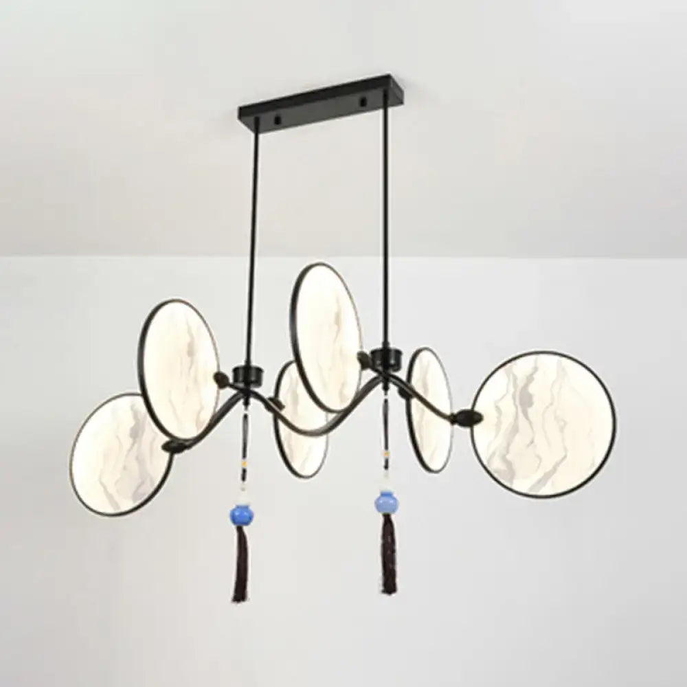 Black metal island lamp with circular marble-patterned glass shades and blue tassels featuring modern acrylic led design